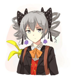 Rule 34 | 1girl, agano (yoshii aki), benghuai xueyuan, bow, bowtie, bronya zaychik, bronya zaychik (wolf's dawn), brown jacket, closed mouth, commentary, doll, drill hair, earrings, english commentary, grey eyes, grey hair, hair bow, highres, homu (honkai impact), honkai (series), honkai impact 3rd, jacket, jewelry, looking at viewer, orange vest, polka dot, polka dot bow, simple background, solo, twin drills, upper body, vest, white background, yellow bow