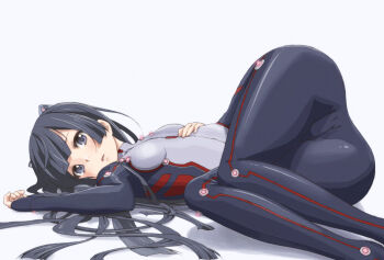 10s 1girl ass bad_anatomy black_eyes black_hair bodysuit cameltoe errant female_focus fingerless_gloves flat_chest gloves guilty_crown hip_focus long_hair looking_at_viewer lying on_side open_mouth robot_ears simple_background solo thighs tsugumi_(guilty_crown) white_legwear wide_hips