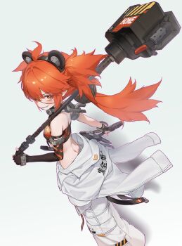 1girl absurdres animal_ears asymmetrical_gloves bare_shoulders black_gloves collar commentary_request crop_top elbow_gloves eyepatch fake_animal_ears fingerless_gloves flame_print from_above from_behind gloves grin hair_between_eyes hair_ornament hammer headband highres holding holding_hammer koleda_belobog long_hair looking_at_viewer making-of_available metal_collar navel pants red_eyes red_hair single_elbow_glove smile solo sphere_hair_ornament standing striped_headband teeth tiaogeng twintails white_background white_pants zenless_zone_zero