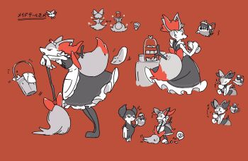 &gt;_&lt; 1boy 1girl :o alternate_color alternate_costume animal_ear_fluff animal_ears apron black_dress black_fur body_fur braixen bucket chibi chibi_inset clothed_pokemon cup digitigrade draw_pann33 dress enmaided fox_ears fox_girl fox_tail full_body furry furry_female gen_6_pokemon gen_8_pokemon grey_fur highres holding holding_mop horns indeedee indeedee_(male) limited_palette looking_at_another maid maid_headdress mop multicolored_fur multiple_views neck_fur nintendo open_mouth pokemon pokemon_(creature) polteageist red_background red_eyes red_fur shiny_pokemon simple_background snout solo_focus standing stick tail white_apron white_fur