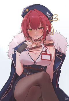 Rule 34 | 1girl, a-ka, beret, black pantyhose, black skirt, blue hat, blue jacket, breasts, cleavage, closed mouth, fur-trimmed jacket, fur trim, hashtag-only commentary, hat, high-waist skirt, highres, hololive, houshou marine, houshou marine (businesswoman), jacket, large breasts, looking at viewer, medium hair, official alternate costume, open clothes, open shirt, pantyhose, shirt, skirt, virtual youtuber, white background, white shirt