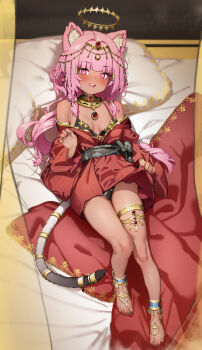 1girl absurdres ancient_egyptian animal_ear_fluff animal_ears armlet barefoot black_panties blunt_bangs blush breasts cat_ears cat_girl cat_tail dark-skinned_female dark_skin extra_ears full_body gold gold_hairband gold_thighlet gold_trim hairband halo highres indie_virtual_youtuber isuress_(vtuber) jewelry long_hair looking_at_viewer lying medium_breasts mr1thonk multicolored_nails nail_polish on_back on_bed open_mouth panties pillow pink_eyes pink_hair pointy_ears ringed_eyes smile solo tail tail_ornament tail_ring thighlet tiara toe_ring toenails toes two-tone_nails underwear usekh_collar virtual_youtuber