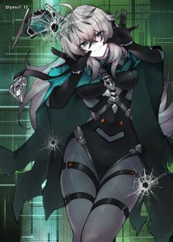 1girl absurdres black_bodysuit black_survival bodysuit bracelet breasts bullet_hole cloak closed_mouth cowboy_shot crack cracked_glass crossed_bangs drone eternal_return:_black_survival green_background green_cloak green_eyes grey_hair haagyu hair_between_eyes head_tilt highres jewelry katja_(black_survival) legs_together long_hair medium_breasts ring ringed_eyes skindentation smile solo thigh_gap thigh_strap thighs watermark