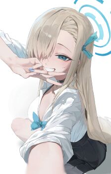 1girl absurdres aqua_bow aqua_halo arm_up asuna_(blue_archive) asuna_(school_uniform)_(blue_archive) black_choker black_skirt blonde_hair blue_archive blue_eyes blue_nails bow breasts choker commentary_request fingernails hair_ornament hair_over_one_eye halo highres large_breasts long_hair long_sleeves looking_at_viewer matcha_(matttttya1) nail_polish school_uniform selfie shirt simple_background skirt smile solo v white_background white_shirt