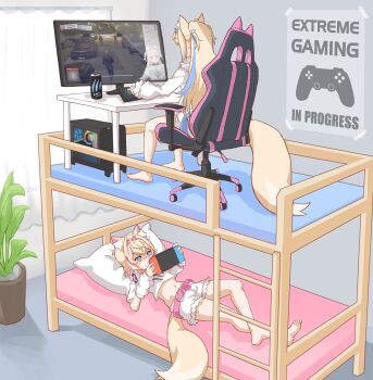 2girls absurdres agent_47 animal_ear_fluff animal_ears bandaid bandaid_hair_ornament barefoot bed belt blonde_hair blue_eyes blue_hair blue_headband bunk_bed chair colored_inner_animal_ears computer computer_keyboard crossed_legs dog_ears dog_girl dog_tail fake_horns feet fuwawa_abyssgard fuwawa_abyssgard_(1st_costume) gaming_chair hair_ornament hairband headband headphones headphones_around_neck highres hitman_(game) hololive hololive_english horn_hairband livestream long_hair midriff mococo_abyssgard mococo_abyssgard_(1st_costume) monster_energy multicolored_hair multiple_girls nintendo_switch pillow pink_belt pink_hair pink_hairband pink_headband plant playing_games poster_(object) potted_plant red_eyes siblings sisters soles streaked_hair swivel_chair tail triam147 twins virtual_youtuber