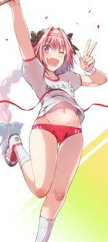 1boy 2017 absurdres astolfo_(fate) bandaid braid bulge fang fate/apocrypha fate/grand_order fate_(series) flat_chest hair_intakes highres leg_up male_focus navel one_eye_closed open_mouth p_answer pink_eyes pink_hair socks sportswear toned trap twintails underwear v white_legwear