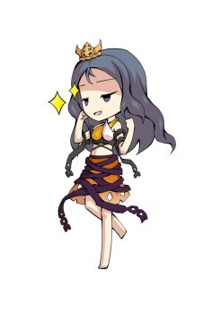 1girl bare_shoulders barefoot black_ribbon blue_hair breasts chibi chibi_only chirizuka_ubame clenched_hands commentary_request crop_top dairi full_body hands_up large_variant_set long_hair medium_breasts orange_skirt purple_ribbon ribbon ribbon_around_body simple_background skirt solo standing standing_on_one_leg stomach tachi-e teeth touhou transparent_background variant_set