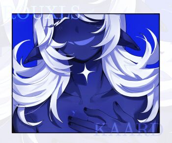 1boy blue_skin closed_eyes colored_skin deltarune hashtag-only_commentary highres nail_polish ny_000a pointy_ears rouxls_kaard smile undertale utdr_(toby_fox) white_hair