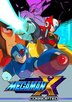 5boys absurdres android arm_cannon armor battle_damage black_helmet blonde_hair blue_armor blue_eyes blue_helmet chest_jewel clenched_teeth closed_eyes closed_mouth dr._cain_(mega_man) energy_sword forehead_jewel green_eyes helmet highres looking_at_viewer male_focus mega_man_(series) mega_man_x_(series) mega_man_x_corrupted multiple_boys red_armor red_helmet scratches sensei_haruki_suetsugu_(style) shoulder_armor signas_(mega_man) standing strike_(mega_man_x_corrupted) sword teeth watashi_wa_dink weapon x_(mega_man) z_saber zero_(mega_man)