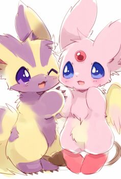 1girl 1other :3 animal_ears blue_eyes blush cheek-to-cheek chibikemo choko_(sweetpocket) commentary_request creature creature_focus feathered_wings forehead_jewel full_body furry furry_female fuwa_(sweetpocket) heads_together highres holding_hands light_blush one_eye_closed open_mouth original pink_fur purple_eyes simple_background sketch smile tail white_background wings yellow_fur