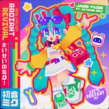 1girl 3d absurdres album_cover aqua_eyes aqua_hair bag belt blockbench_(medium) bow braid colorful cover crop_top digital_stars digital_stars_miku digital_stars_miku_(2025) english_text eyewear_on_head green_nails green_shoes hair_bow hair_ornament handbag hatsune_miku heart heisei_retro highres jacket long_hair long_sleeves low_poly midriff navel official_alternate_costume official_alternate_hairstyle official_art open_clothes open_jacket pink_bag pink_belt pointing rabbit_hair_ornament radiant_revival_(vocaloid) red_bow shirt shoes skirt sneakers solo song_name sunglasses suspender_skirt suspenders twin_braids violet_(violxiv) vocaloid white_shirt white_skirt yellow_jacket