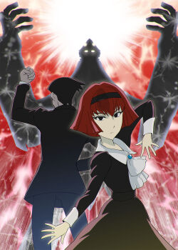 1boy 1girl big_o_(mecha) black_eyes black_hair bob_cut closed_mouth dress electricity formal_clothes hairband highres looking_at_viewer mecha pale_skin r_dorothy_wayneright red_hair robot roger_smith short_hair suit the_big_o ueyama_michirou