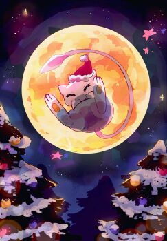^_^ christmas christmas_tree closed_eyes commentary_request facing_viewer floating full_moon fur-trimmed_headwear fur_trim gen_1_pokemon hat highres legendary_pokemon mew_(pokemon) moon mythical_pokemon night nintendo no_humans pokemon pokemon_(creature) pokemon_focus red_hat santa_hat solo star_(sky) star_(symbol) toro_nika