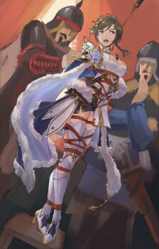 1girl 2boys absurdres armor bdsm blue_eyes bondage bound breasts brown_hair captured doradofin dutch_angle full_body highres kidnapping multiple_boys open_mouth restrained shibari shin_sangoku_musou sweat wang_yi_(shin_sangoku_musou)