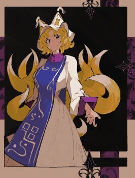 Rule 34 | 1girl, black background, black eyes, blonde hair, blue tabard, breasts, closed mouth, commentary, dress, fox tail, hat, highres, llamas yes, long sleeves, looking at viewer, mob cap, multiple tails, short hair, solo, tabard, tail, touhou, white dress, white hat, yakumo ran