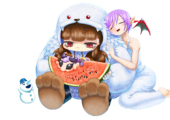 3girls absurdres arthropod_girl bee_girl closed_eyes commentary darkstalkers food fruit head_wings highres insect_girl lilith_(darkstalkers) multiple_girls nojob_hiro pointy_ears q-bee red_eyes sasquatch_(darkstalkers) simple_background snowman watermelon white_background wings yeti_costume