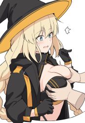 Rule 34 | 1boy, 1girl, bandeau, blonde hair, braid, breasts, character request, cleavage, gloves, grabbing, grabbing another&#039;s breast, hat, hirame sa, large breasts, midriff, open clothes, open mouth, surprised, sweatdrop, thong, witch hat