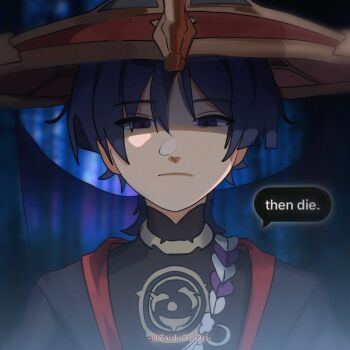 Rule 34 | 1boy, black bodysuit, black hair, black kimono, black sleeves, blunt ends, bodysuit, choppy bangs, closed mouth, commentary, empty eyes, english commentary, expressionless, genshin impact, gold, grey veil, hat, highres, japanese clothes, jewelry, jingasa, juban, kimono, looking at viewer, male focus, mandarin collar, mitsudomoe (shape), neck ring, pom pom (clothes), portrait, purple eyes, purple rope, red hat, red kimono, rope, scaramouche (genshin impact), see-through clothes, see-through veil, shaded face, shimenawa, solo, straight-on, text messaging, tomoe (symbol), twitter username, veil, white rope, zaidaoriori