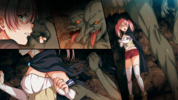 1girl blush boots breasts bridal_gauntlets cape cave cleavage clenched_teeth defeat embarrassed groin highres imminent_rape indoors legs looking_at_another mamono_no_nie_2_~ishu_no_ko_o_haranda_boukensha-tachi~ midriff multiple_views ogre open_mouth orc original pink_hair rape running sanroku-maru_(unnu) sanrokumaru sequential short_shorts shorts small_breasts smile standing tears teeth thighhighs thighs torn_clothes twintails yellow_eyes