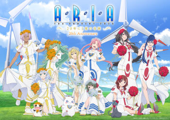 6+girls aika_granzchesta aino_ai akira_ferrari alice_carroll alicia_florence anya_dostoyevskaya aqua_eyes aqua_hair aria_(manga) aria_company_uniform aria_pokoteng arm_up athena_glory azusa_mclaren black_cat black_hair blonde_hair blue_bow blue_bowtie blue_eyes blue_hair boots bow bowtie braid braided_ponytail brown_eyes brown_hair cat closed_eyes cloud cloudy_sky copyright_name copyright_notice dark-skinned_female dark_skin day dress eyelashes flower full_body gold_trim grass green_hair grey_hair hair_between_eyes hair_flower hair_ornament hand_up hands_up high_heels hime_granzchesta himeya_company_uniform impossible_clothes impossible_dress itou_youko kneeling leaning_forward logo long_hair looking_at_viewer mizunashi_akari multiple_girls necktie official_art on_ground open_mouth orange_flower orange_planet_uniform outdoors parted_bangs pink_hair president_maa promotional_art red_bow red_bowtie red_flower rose sailor short_hair short_sleeves side_slit sitting sky smile standing very_long_hair white_cat white_dress white_flower wind_turbine windmill yellow_necktie