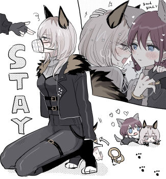 2girls animal_ears black_gloves black_jacket black_pants blue_eyes blush closed_mouth commentary cuffs dog_ears fang fingerless_gloves girls_band_cry gloves grey_eyes grey_hair grey_sweater hamchan69 handcuffs heart high_heels highres iseri_nina jacket kawaragi_momoka kemonomimi_mode long_hair multiple_girls muzzle_(mask) open_mouth pants paw_print red_hair saliva short_twintails simple_background smile sweat sweater thigh_strap twintails white_background yuri