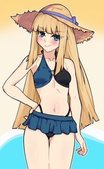 1girl absurdres aqua_eyes bare_shoulders bikini black_bikini blonde_hair blue_bikini blush breasts darkkin fate/grand_order fate_(series) grin hat highres long_hair looking_at_viewer lord_el-melloi_ii_case_files multicolored_bikini navel o-ring reines_el-melloi_archisorte sidelocks small_breasts smile solo straw_hat swimsuit thighs two-tone_bikini