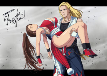 1boy 1girl andy_bogard ass breasts carrying carrying_person curvy fatal_fury full_body large_breasts long_hair ponytail shiranui_mai unconscious wide_hips