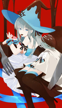 1girl absurdres armband bare_shoulders blue_armband blue_eyes blue_ribbon box box_of_chocolates breasts brown_corset brown_ribbon brown_thighhighs butter_knife candy chocolate chocolate_heart cleavage corset dress fate/grand_order fate_(series) food food_in_mouth fork frilled_armband frills from_side grey_hair hat heart heart-shaped_food highres holding holding_food in_food knife large_breasts large_hat long_hair looking_at_viewer ma_ple morgan_le_fay_(fate) morgan_le_fay_(valentine_witches)_(fate) multicolored_dress oversized_fork red_background ribbon shirt sidelocks skirt solo thighhighs white_shirt witch_hat