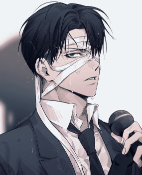 1boy bandage_over_one_eye black_hair black_jacket black_necktie collared_shirt commentary_request curtained_hair highres holding holding_microphone jacket levi_(shingeki_no_kyojin) looking_at_viewer lovewithyou_159 male_focus microphone necktie parted_lips shingeki_no_kyojin shirt short_hair solo suit_jacket teeth twitter_username wet white_shirt