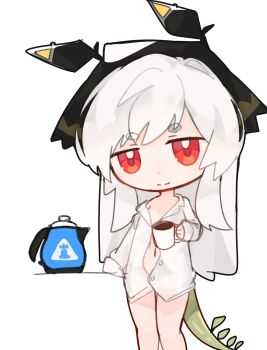 1girl arknights closed_mouth coffee_pot collared_shirt commentary_request cup dress_shirt highres holding holding_cup long_hair long_sleeves mug naked_shirt navel red_eyes shirt shixietianhen short_eyebrows simple_background sleeves_past_wrists smile solo tail thick_eyebrows very_long_hair weedy_(arknights) white_background white_hair white_shirt