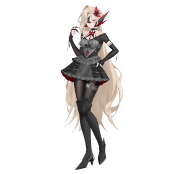 1girl absurdres alternate_costume bare_shoulders belt blonde_hair boots bow breasts choker commission commissioner_upload detached_sleeves eyelashes eyepatch flower frilled_skirt frills full_body genshin_impact goth_fashion gothic_lolita hair_flower hair_ornament hand_on_own_hip high_heel_boots high_heels highres knee_boots light_smile lolita_fashion long_bangs long_hair looking_at_viewer mature_female mechanical_ears medium_breasts non-web_source petite pink_eyes rhan signora_(genshin_impact) skirt solo thigh_strap thighhighs transparent_background vision_(genshin_impact)