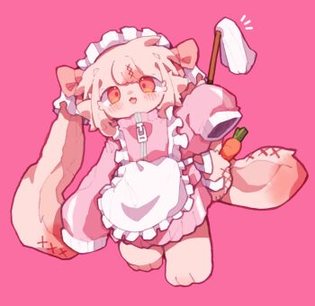 1boy :3 absurdres animal_ears animal_feet apron arm_at_side bad_id bad_twitter_id blush borrowed_character bow brown_hair carrot commentary crossdressing crossdressing_(mtf) deformed dot_nose duster floppy_ears frilled_apron frills full_body furry furry_male hair_bow hair_ornament hand_up highres holding holding_duster jacket jersey_maid large_ears long_sleeves lop_rabbit_ears maid maid_headdress male_focus male_maid nikamoka notice_lines open_mouth orange_eyes original pink_background pink_bow pink_jacket pink_skirt pleated_skirt rabbit_ears simple_background skirt sleeves_past_fingers sleeves_past_wrists solo symbol-only_commentary track_jacket trap unconventional_maid waist_apron white_apron x_hair_ornament zipper zipper_pull_tab