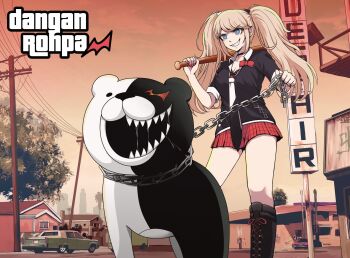 1girl baseball_bat black_boots black_shirt blonde_hair blue_eyes boots car chain chain_leash danganronpa_(series) enoshima_junko evil_smile grand_theft_auto grand_theft_auto_v hair_ornament hairclip highres holding holding_baseball_bat house kmnm_1403 leash long_hair monokuma motor_vehicle necktie open_mouth outdoors parody plaid_clothes plaid_skirt power_lines red_skirt saliva saliva_trail sharp_teeth shirt skirt smile teeth tree twintails