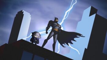 1boy 1girl batman batman_(series) black_cape black_gloves bodysuit building cape clenched_hands crossover dc_comics gloves grey_bodysuit grey_hair hair_over_one_eye hashtag-only_commentary hololive hololive_english jacket koseki_bijou lightning muscular muscular_male night outdoors overcast phdpigeon sky skyscraper smile superhero_costume virtual_youtuber