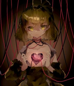 1girl ammeter breasts brown_background cable closed_mouth clothing_cutout commentary_request dress expressionless green_dress green_eyes green_hair heart heart_cutout looking_at_viewer one-hour_drawing_challenge shinjitsu_no_kuchi short_hair small_breasts soga_no_tojiko solo touhou upper_body
