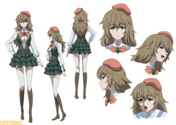 Rule 34 | 1girl, :o, amane yuki, anime coloring, aqua dress, aqua eyes, belt, belt buckle, beret, black belt, boots, bow, breasts, brown boots, brown hair, buckle, character profile, chest bow, collared shirt, cowboy shot, dress, dress vest, frilled skirt, frills, from behind, from side, hand on own hip, hat, knee boots, leather, leather boots, long hair, long sleeves, looking at viewer, medium breasts, multiple expressions, multiple views, official art, open mouth, red bow, red hat, ringed eyes, science adventure, shirt, short dress, simple background, skirt, smile, steins;gate, steins;gate 0, straight-on, teeth, thighhighs, tongue, upper teeth only, watermark, white thighhighs