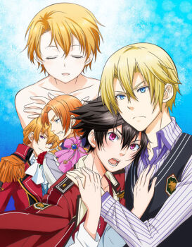 1girl 4boys ascot black_hair blonde_hair blue_background blue_eyes clenched_teeth closed_eyes clothed_male_nude_female eiyuu_densetsu eyelashes falcom flower frown jusis_albarea looking_at_viewer military military_uniform multiple_boys necktie nude olivert_reise_arnor open_mouth orange_hair patrick_t._hyarms purple_eyes rean_schwarzer rose school_uniform sen_no_kiseki_(series) sen_no_kiseki_i shirt short_hair simple_background spiked_hair striped_clothes striped_shirt teeth vest yaoi