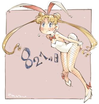 1girl animal_ears bishoujo_senshi_sailor_moon blonde_hair bodysuit border bow bowtie breasts bunny_day cleavage commentary dated dated_commentary double_bun earrings embarrassed fake_animal_ears fake_tail fishnet_pantyhose fishnets full_body hair_bun highres jewelry long_hair looking_at_viewer name_connection nontraditional_playboy_bunny outside_border pantyhose pink_background rabbit_ears rabbit_tail red_bow red_bowtie sekihan shoes signature simple_background solo stud_earrings tail tsukino_usagi twintails white_bodysuit white_border white_shoes white_wrist_cuffs wrist_cuffs