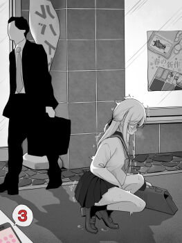 1boy 1girl bag commentary_request controller greyscale highres holding holding_bag implied_vibrator kakuremino7928 large_variant_set long_hair miniskirt monochrome open_mouth original outdoors paid_reward_available pleated_skirt pussy_juice remote_control remote_control_vibrator sailor_collar sailor_shirt school_uniform serafuku sex_toy shirt shoes skirt socks solo_focus squatting tearing_up tiptoes trembling variant_set vibrator wireless_sex_toy_controller