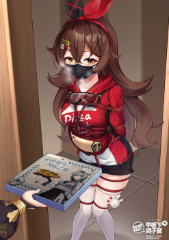 amber_(genshin_impact) arms_behind_back bdsm bondage bound breasts brown_eyes brown_hair collarbone collei_(genshin_impact) commentary_request crotch_rope food gag genshin_impact highres hood hoodie long_hair looking_at_viewer mask medium_breasts mouth_mask pizza restrained shibari shibari_over_clothes shorts skindentation standing thighhighs thighs very_long_hair white_thighhighs yiduan_zhu zettai_ryouiki