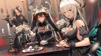 1boy 2girls bare_shoulders black_coat black_dress black_hair black_hat black_pants black_sleeves black_wrist_cuffs blonde_hair blue_eyes bottle breasts butterfly_wings candlestand cleavage closed_mouth coat commandant_(pgr) commentary cup detached_sleeves dress drinking_glass earrings english_commentary fake_wings fork hair_between_eyes hair_ornament hand_on_own_chest hand_on_table hand_up hat highres holding holding_cup holding_plate indoors insect_wings jewelry knife large_breasts lee:_hyperreal_(pgr) lee_(pgr) liv:_empyrea_(pgr) liv_(pgr) long_hair long_sleeves looking_at_viewer lucia:_pyroath_(pgr) lucia:_pyroath_(prestigious_accolade)_(pgr) lucia_(pgr) mechanical_hands multicolored_hair multiple_girls official_alternate_costume open_mouth pants picture_frame plate punishing:_gray_raven reaching reaching_towards_viewer red_eyes red_petals reflective_surface reflective_table revision short_hair sidelocks silence_girl sitting smile spoon standing streaked_hair table tricorne twintails very_long_hair white_eyes white_hair wings wrist_cuffs