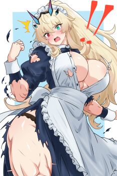 ! !! 1girl abs absurdres apron bamboo_tac barghest_(fate) biceps black_dress black_panties blonde_hair blue_background blush border breasts cleavage collared_dress commentary_request dress fate/grand_order fate_(series) flexing green_eyes heterochromia high_ponytail highres horns large_breasts long_hair long_sleeves maid maid_headdress muscular muscular_female open_mouth panties ponytail red_eyes sidelocks solo thick_thighs thighs torn_clothes underwear white_apron white_border wrist_cuffs