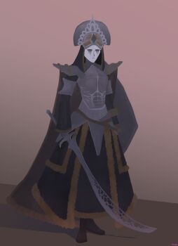 1boy absurdres armor cape chainmail concept_art highres holding holding_sword holding_weapon knight long_skirt mask miczal original self-upload shield simple_background skirt standing sword weapon