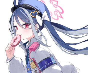 1girl antenna_hair armband blue_archive blue_hair blue_hat blue_necktie blue_vest blush bow buttons chinese_commentary collared_shirt commentary_request donut floating_hair food food_in_mouth from_side fubuki_(blue_archive) grey_hair hair_bow hair_ornament halo hat hat_ornament heart heart_hair_ornament highres holding holding_donut holding_food jacket jyt long_hair long_sleeves looking_at_viewer making-of_available multicolored_hair necktie open_clothes open_jacket partial_commentary pink_halo police police_hat police_uniform policewoman puffy_long_sleeves puffy_sleeves purple_armband red_eyes shirt sidelocks simple_background solo star_(symbol) star_hat_ornament streaked_hair twintails two-tone_hair unzipped upper_body very_long_hair vest walkie-talkie white_background white_bow white_jacket white_shirt zipper