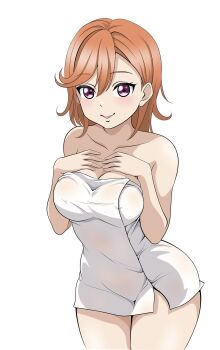 1girl bare_arms bare_legs bare_shoulders breasts cleavage collarbone commentary_request covered_erect_nipples hair_between_eyes hands_on_own_chest highres leaning_forward looking_at_viewer love_live! love_live!_superstar!! love_love_comedy medium_breasts medium_hair open_mouth orange_hair purple_eyes see-through_towel shibuya_kanon simple_background smile solo towel white_background wide_hips