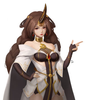 Rule 34 | 1girl, black dress, black gloves, breasts, bridal gauntlets, brown hair, brown horns, chinese commentary, cloak, commentary, cowboy shot, dated, dress, earrings, elbow gloves, eve (masterwork apocalypse), fingerless gloves, gem, gloves, gold trim, halter dress, halterneck, hand on own hip, hand up, hexagram, highres, horns, jewelry, lips, long hair, looking at viewer, masterwork apocalypse, medium breasts, multicolored dress, o-ring dress, parted bangs, parted lips, red eyes, signature, simple background, single bridal gauntlet, single fingerless glove, single horn, solo, songda, star of david, very long hair, white background, white cloak, white dress