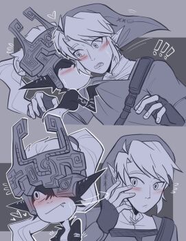 ! !! 1boy 1girl :/ arm_markings arm_tattoo averting_eyes bad_tag blush closed_eyes crossed_arms embarrassed fang fingerless_gloves flying_sweatdrops gloves greyscale height_difference helmet hetero highres imp kiss kissing_cheek leaning_forward leather leather_gloves link midna monochrome nervous nintendo one_eye_covered pichichustudio pointy_ears pointy_hat ponytail pulling_another&#039;s_clothes scabbard sheath sidelocks size_difference spot_color surprise_kiss surprised tattoo the_legend_of_zelda the_legend_of_zelda:_twilight_princess tsundere tunic turning_around upper_body