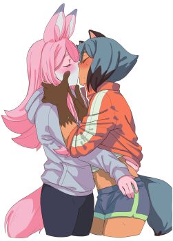 2girls animal_ears black_pants blue_shorts blush brand_new_animal closed_eyes commentary dolphin_shorts english_commentary french_kiss furry furry_female furry_with_furry grey_hoodie gygerbeen_rtl06 hand_on_another's_neck highres hiwatashi_nazuna hood hoodie jacket kagemori_michiru kiss long_hair multiple_girls pants pink_hair rabbit_ears red_jacket shorts simple_background sweat tail track_jacket white_background yuri