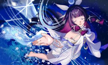 1girl bare_shoulders black_hair blunt_ends closed_eyes colored_inner_hair columbina_(genshin_impact) commentary_request dress eye_mask feathered_wings flower from_above genshin_impact grass hair_ornament head_wings highres mask multicolored_hair nakura_hakuto off-shoulder_dress off_shoulder open_mouth petals purple_hair short_sleeves solo white_dress white_flower white_petals white_wings wings x_hair_ornament