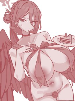 1girl absurdres black_choker black_wings blue_archive breasts cake cake_slice choker commentary_request feathered_wings food hair_between_eyes halo happy_birthday hasumi_(blue_archive) highres huge_breasts i3eancurd korean_commentary long_hair_between_eyes loosely_tucked_bangs low_wings oversized_wings simple_background solo sweatdrop white_background wings